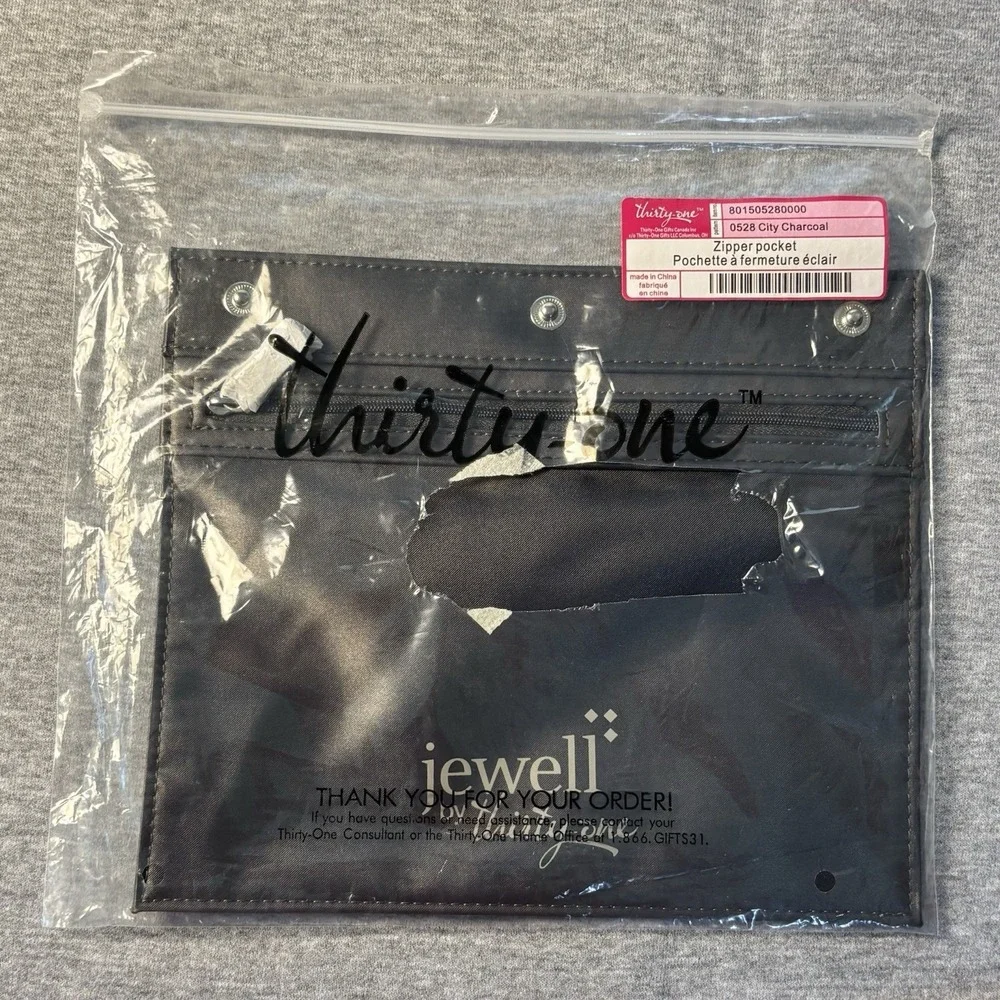 Jewell By Thirty One Zipper Pouch Pocket City Charcoal Organize Purse Snap New
